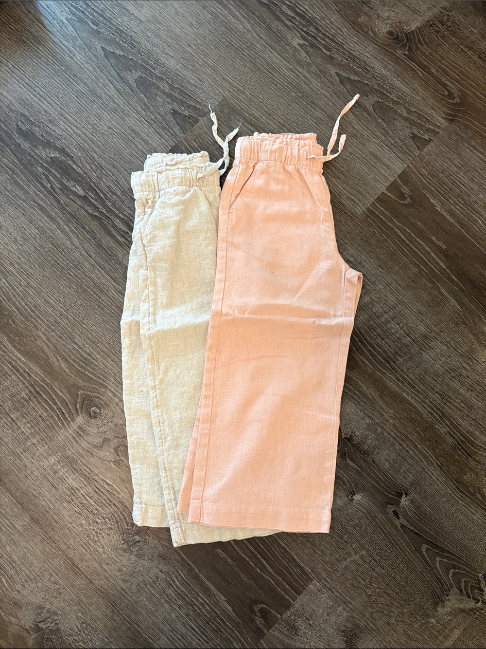 Set of Kids Elastic-Waist Pull-On Linen Pants - Pink and Cream
